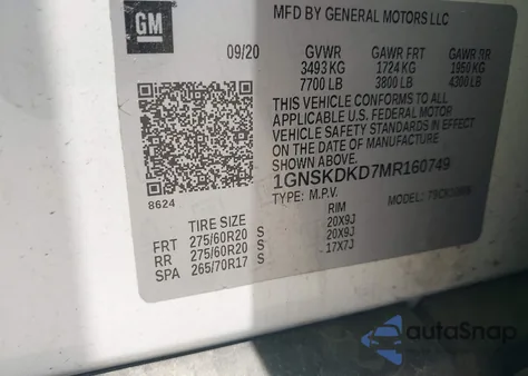 2021 Chevrolet Suburban 4Wd Z71 из США, поврежденный, VIN 1GNSKDKD7MR160749